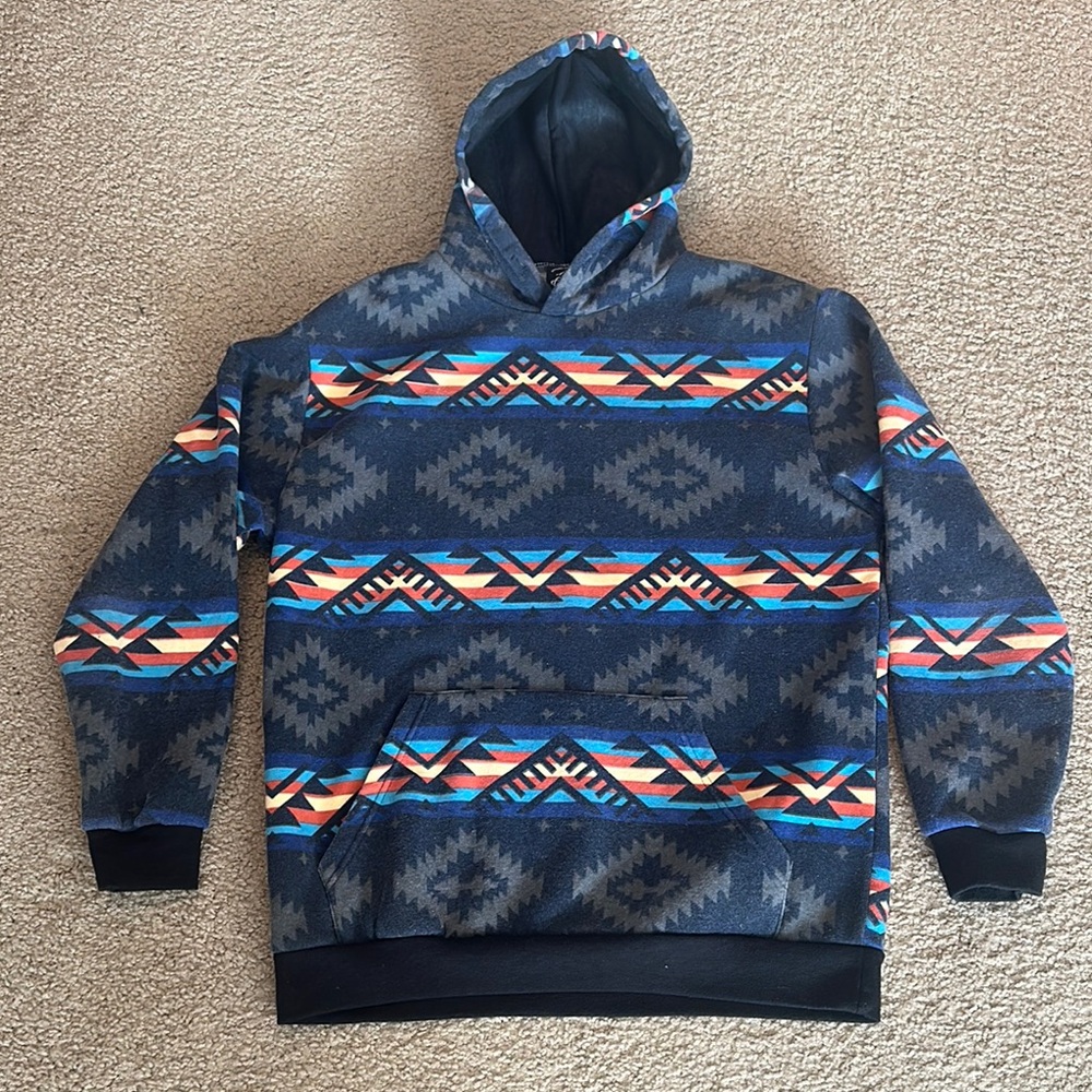 Aztec Mens Pattern Blue Black Pullover Hoodie Southwestern Tribal Sweatshirt L - Picture 1 of 5